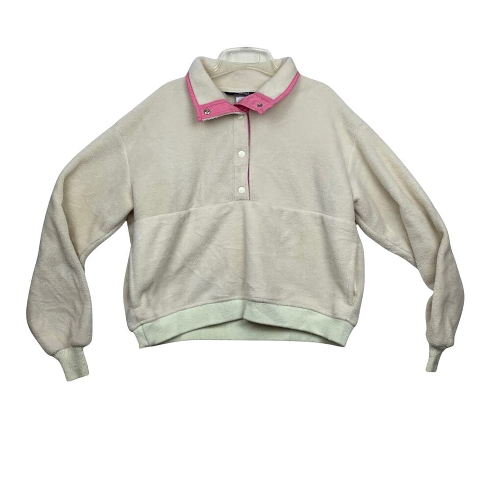 Woolrich womens xl vintage 90s fleece t snap pullover sweatshirt white pink